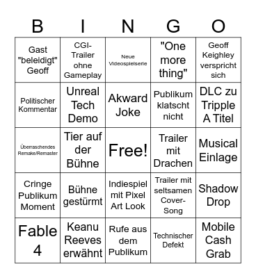 Gamescom Openign Night Live Bingo Card