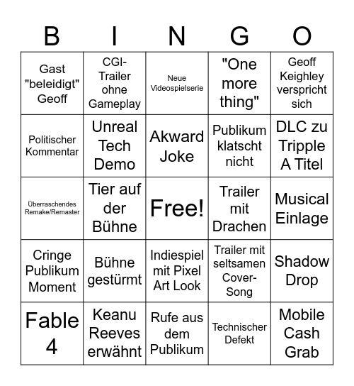 Gamescom Openign Night Live Bingo Card