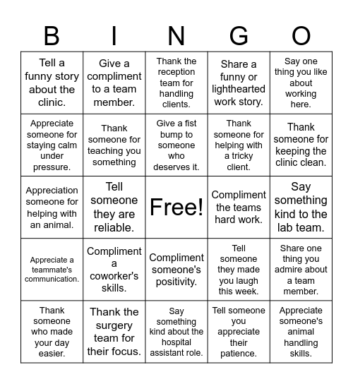 Appreciation Bingo Card
