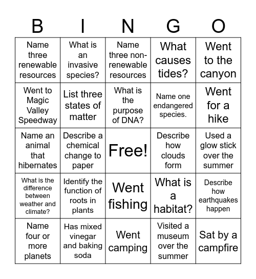 Welcome to Science BINGO! Bingo Card
