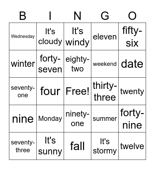Numbers/Calendar Review Bingo Card