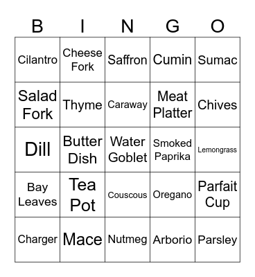 FCS Skillathon - Dishes, Tableware, Spices, and Foods Bingo Card