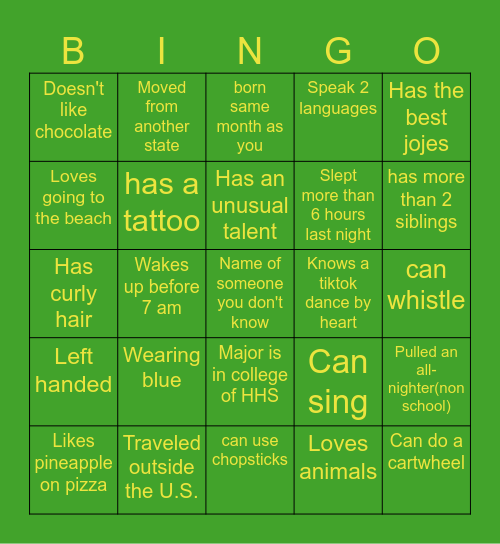 UHS Bingo Card