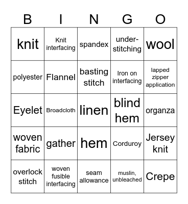 FCS Skillathon - Fabric and Techniques Bingo Card