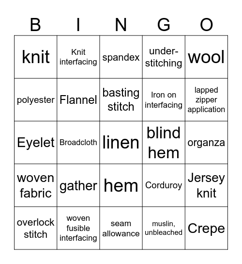 FCS Skillathon - Fabric and Techniques Bingo Card