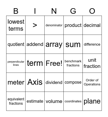 6th Math Vocabulary Bingo Card
