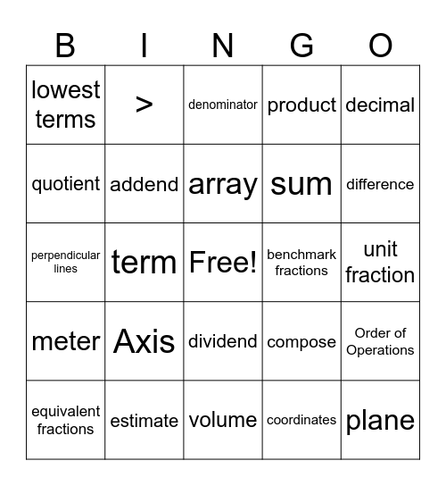 6th Math Vocabulary Bingo Card