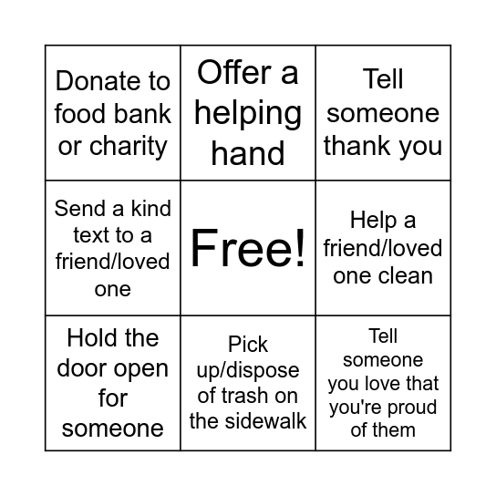 Acts of Kindness Bingo Card