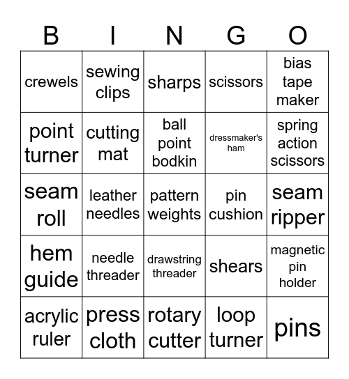 FCS Skillathon - Sewing/Clothing Tools Bingo Card