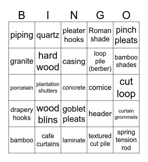 FCS Skillathon - Carpet, flooring, counters, curtains, and window treatments Bingo Card