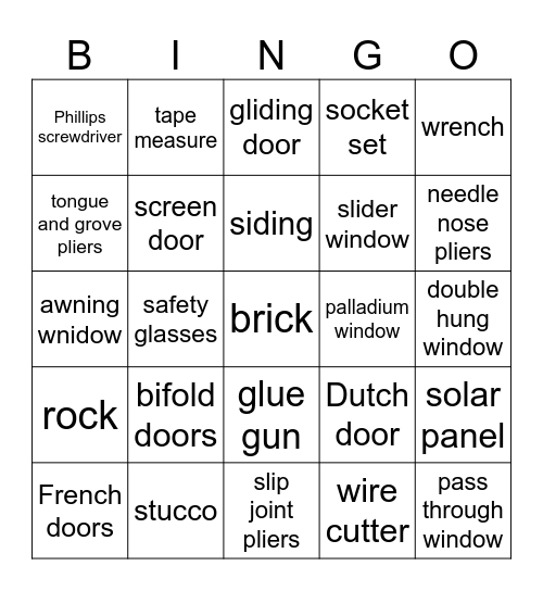 FCS Skillathon - tools, doors, windows, and building materials Bingo Card