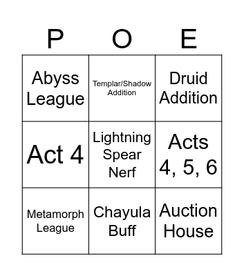 POE 0.3 Reveal Stream Bingo Card