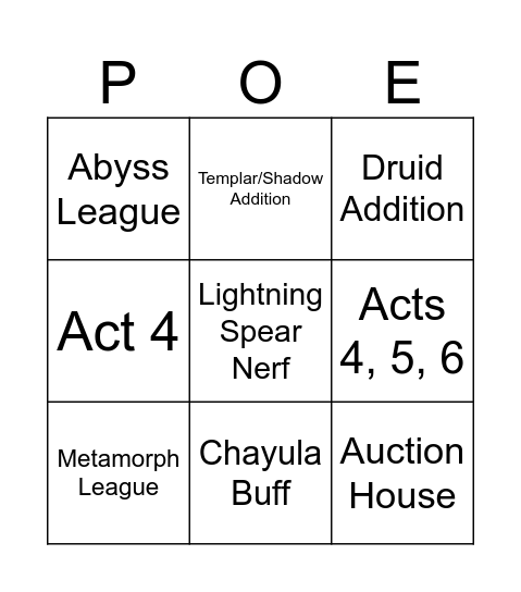 POE 0.3 Reveal Stream Bingo Card