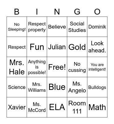 7th Grade Bingo Card