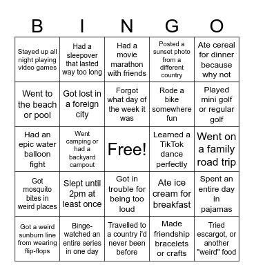 What Did You Do This Summer Bingo Card