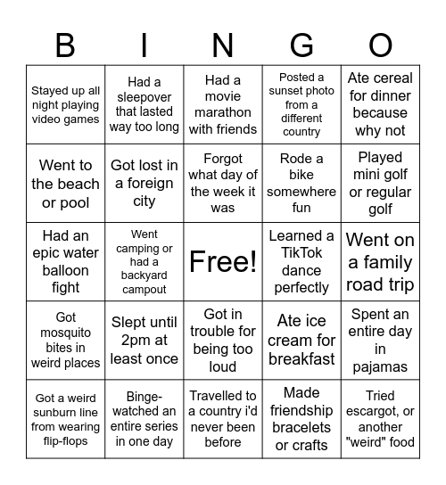 What Did You Do This Summer Bingo Card