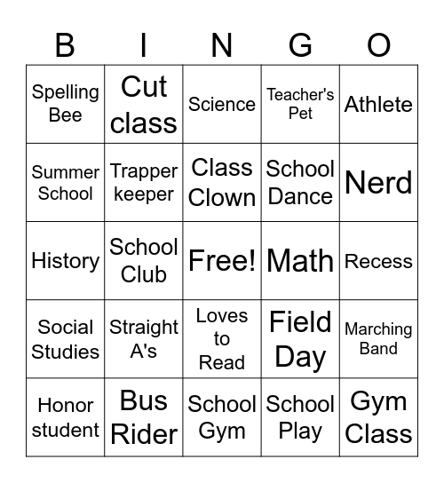 Back to School Bingo Card