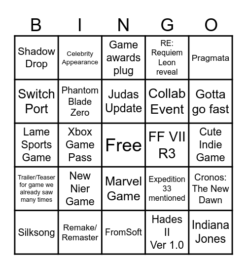 Gamescom Opening Night Live Bingo Card