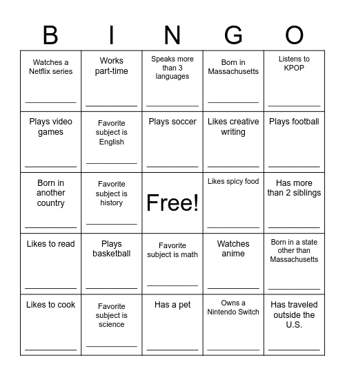Who's In Your Class? Bingo Card
