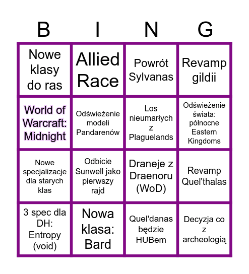 World of Warcraft: Midnight bingo Card