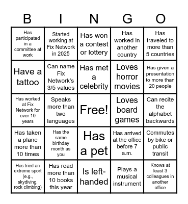 Fix Network Human Bingo Card