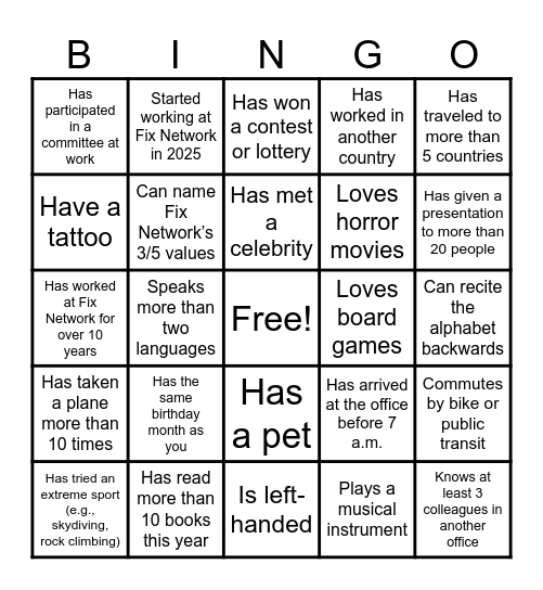 Fix Network Human Bingo Card
