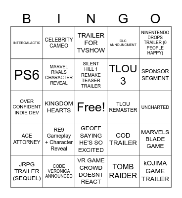 Gamescon Bingo Card