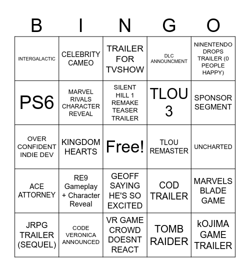Gamescon Bingo Card