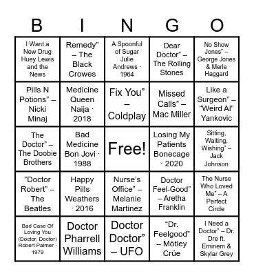 Musical Medical Bingo Card