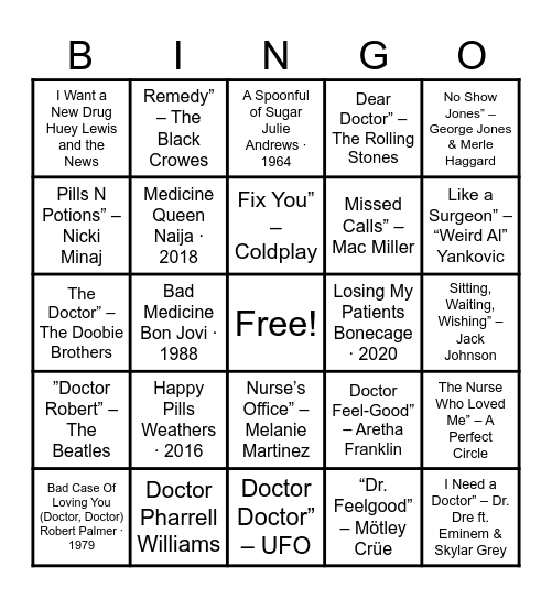 Musical Medical Bingo Card