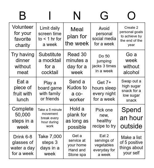 Hand & Stone Healthy Habits Bingo Card