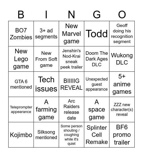 Gamescom ONL 8.19.25 Bingo Card
