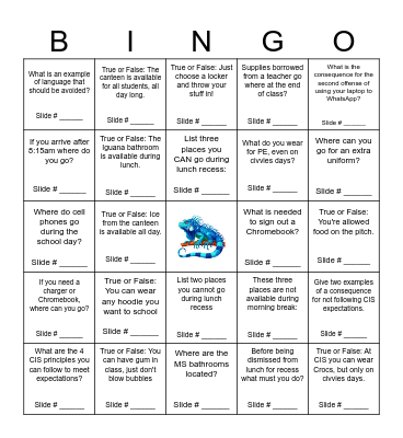 CIS Middle School Expectations Bingo Card