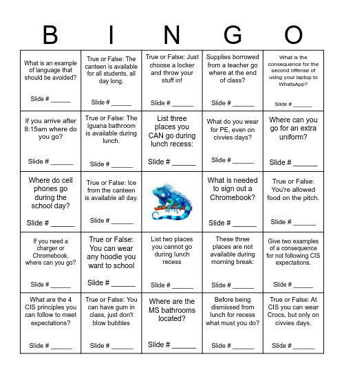 CIS Middle School Expectations Bingo Card