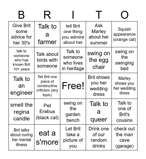 Brit's 30th Bingo Card