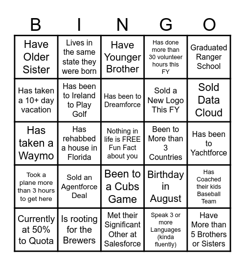 Ice-Breaker Scavenger Hunt Bingo Card