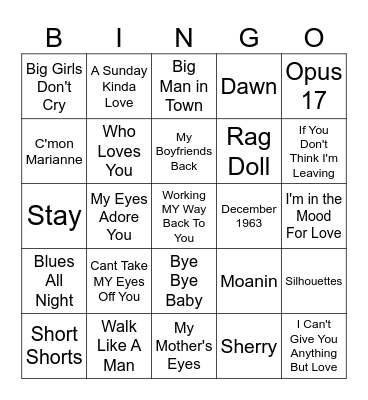 Jersey Boys Bingo Card