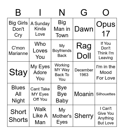 Jersey Boys Bingo Card