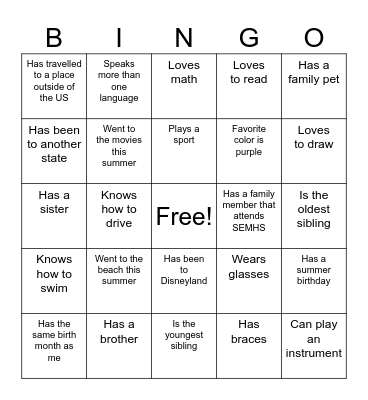 Back To School Bingo Card