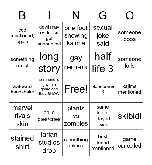 game awards Bingo Card