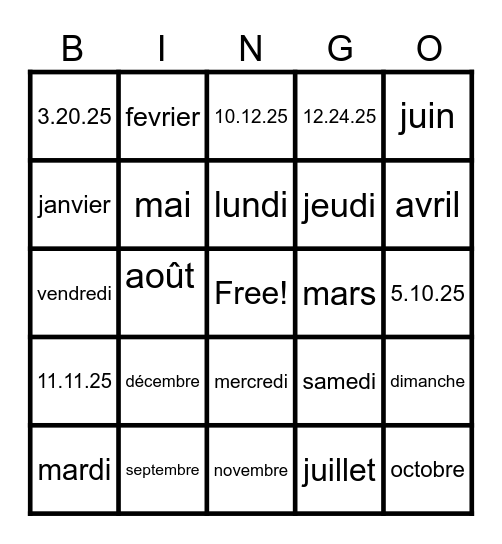 French Calendar Bingo Card