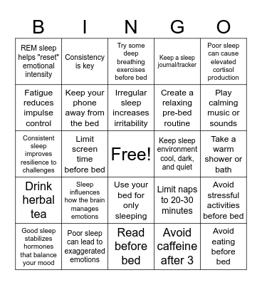 Sleep Hygiene and Emotional Regulation Bingo Card