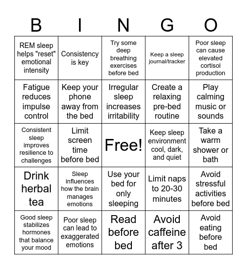 Sleep Hygiene and Emotional Regulation Bingo Card