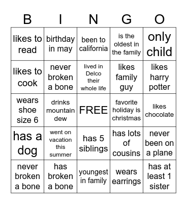 get to know you Bingo Card