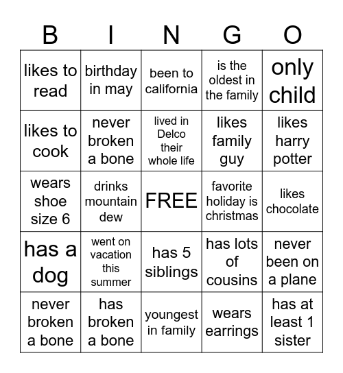 get to know you Bingo Card