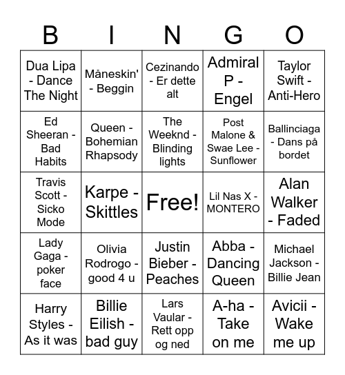 Musikkbingo Card