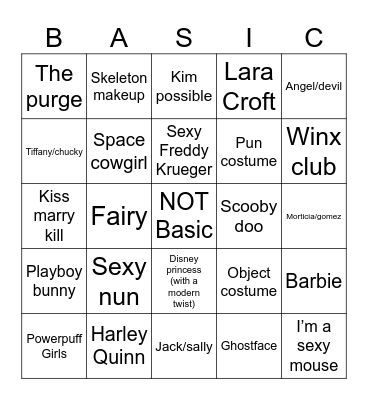 NOT BASIC Halloween costume Bingo Card