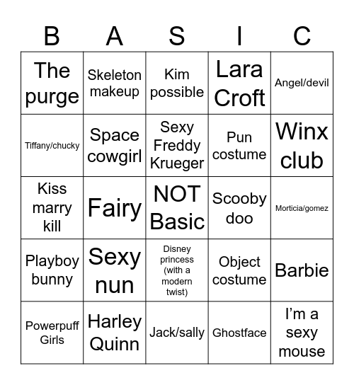 NOT BASIC Halloween costume Bingo Card