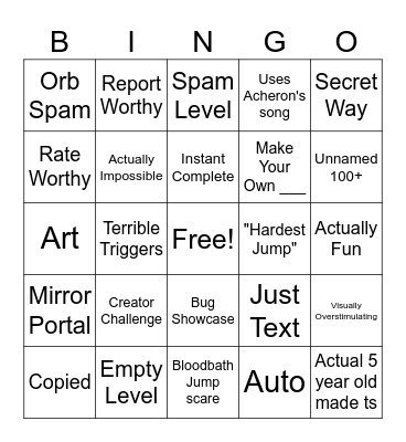 Geometry Dash Recent Tab Bingo Card