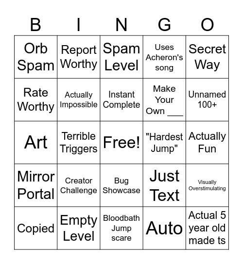 Geometry Dash Recent Tab Bingo Card